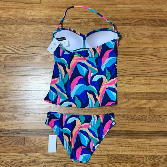 La Blanca swimsuit - tankini set with ruching on front “painted leaves” print - Picture 2 of 6